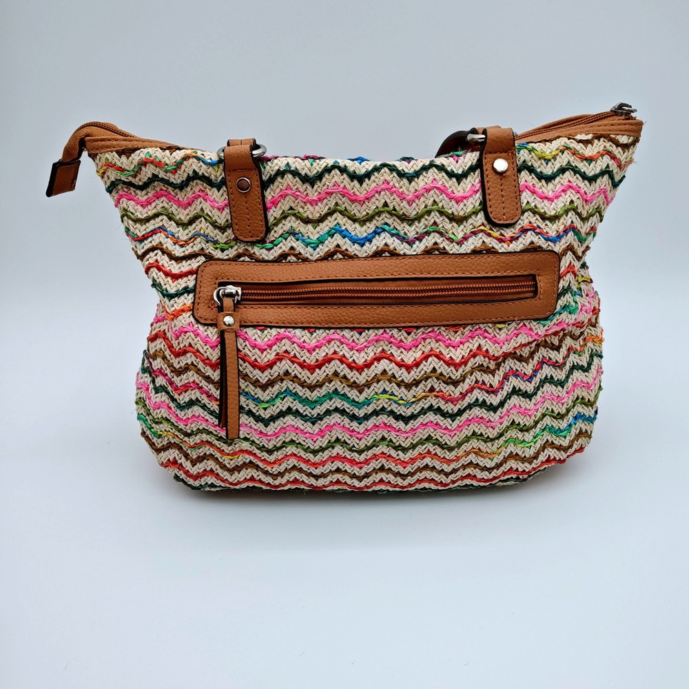 Rosetti Multicolor Chevron Woven Tote Bag Boho Straw Look Shoulder Purse - Picture 2 of 7